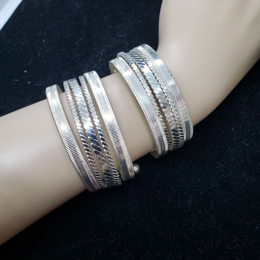 Set of 2 Silver Tone Wire Wrap Bypass Cuff Bracelets Adjustable Stackable